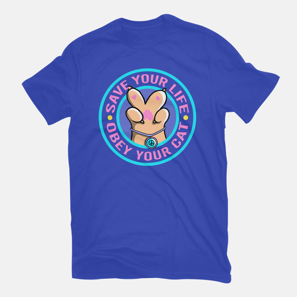 Obey Your Cat – Cat Graphic T-Shirt in royal blue, flat-lay product view