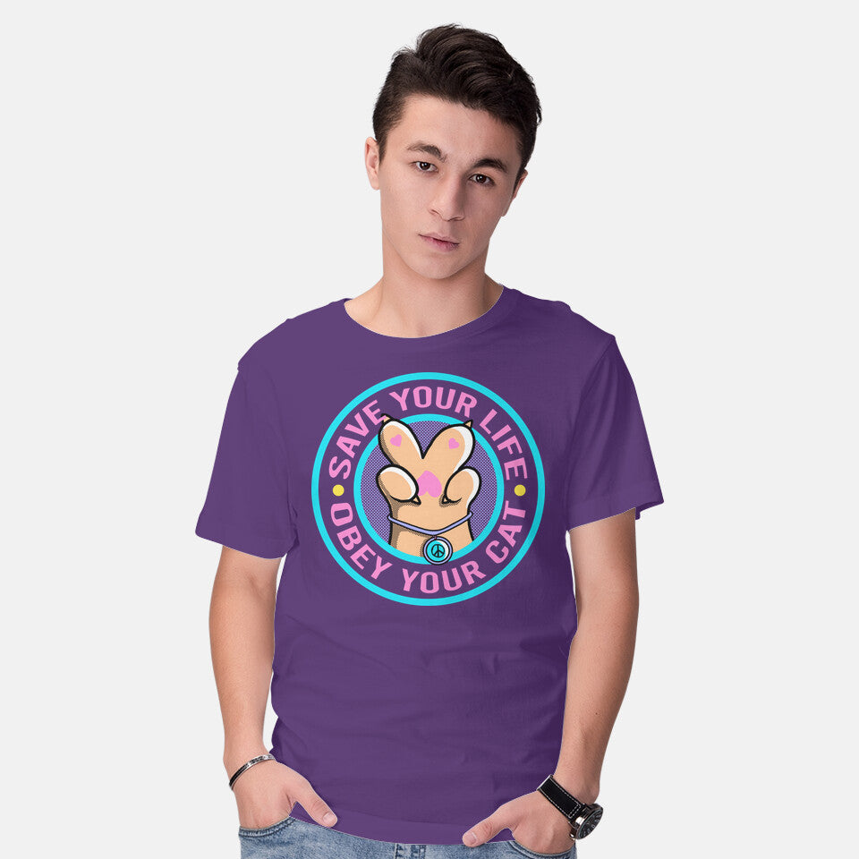 Model wearing purple Obey Your Cat – Cat Graphic T-Shirt