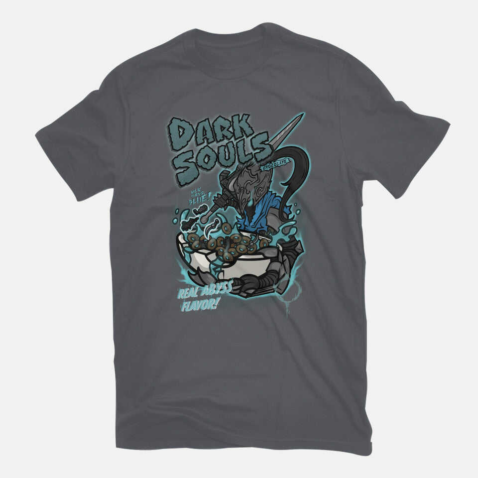 Dark Souls Chocolate – Gaming Graphic T-Shirt in charcoal, flat-lay product view