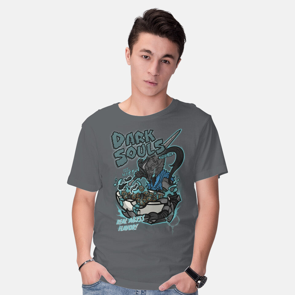 Model wearing charcoal Dark Souls Chocolate – Gaming Graphic T-Shirt