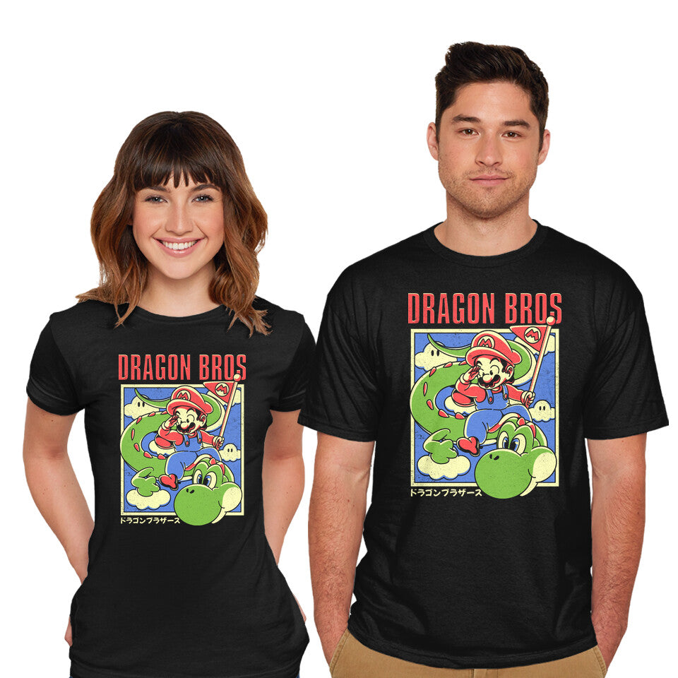 Model wearing black Dragon Bros – Anime Graphic T-Shirt