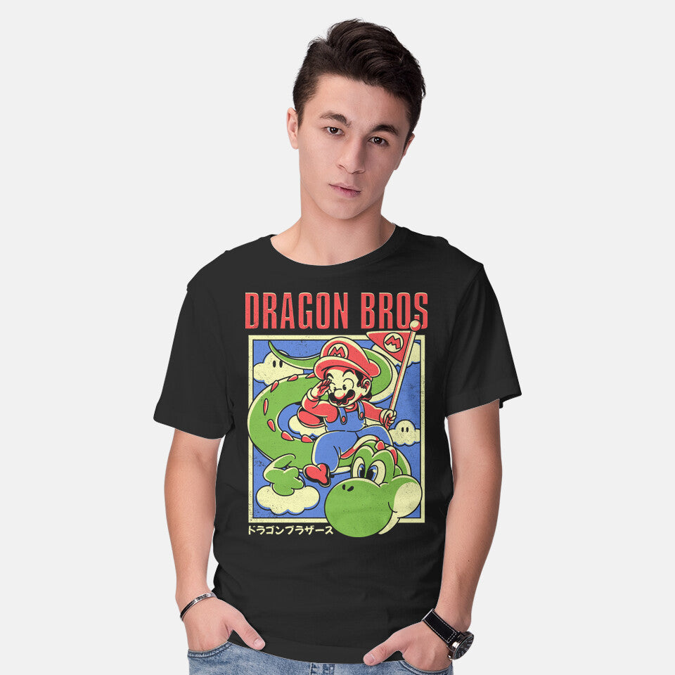Model wearing black Dragon Bros – Anime Graphic T-Shirt
