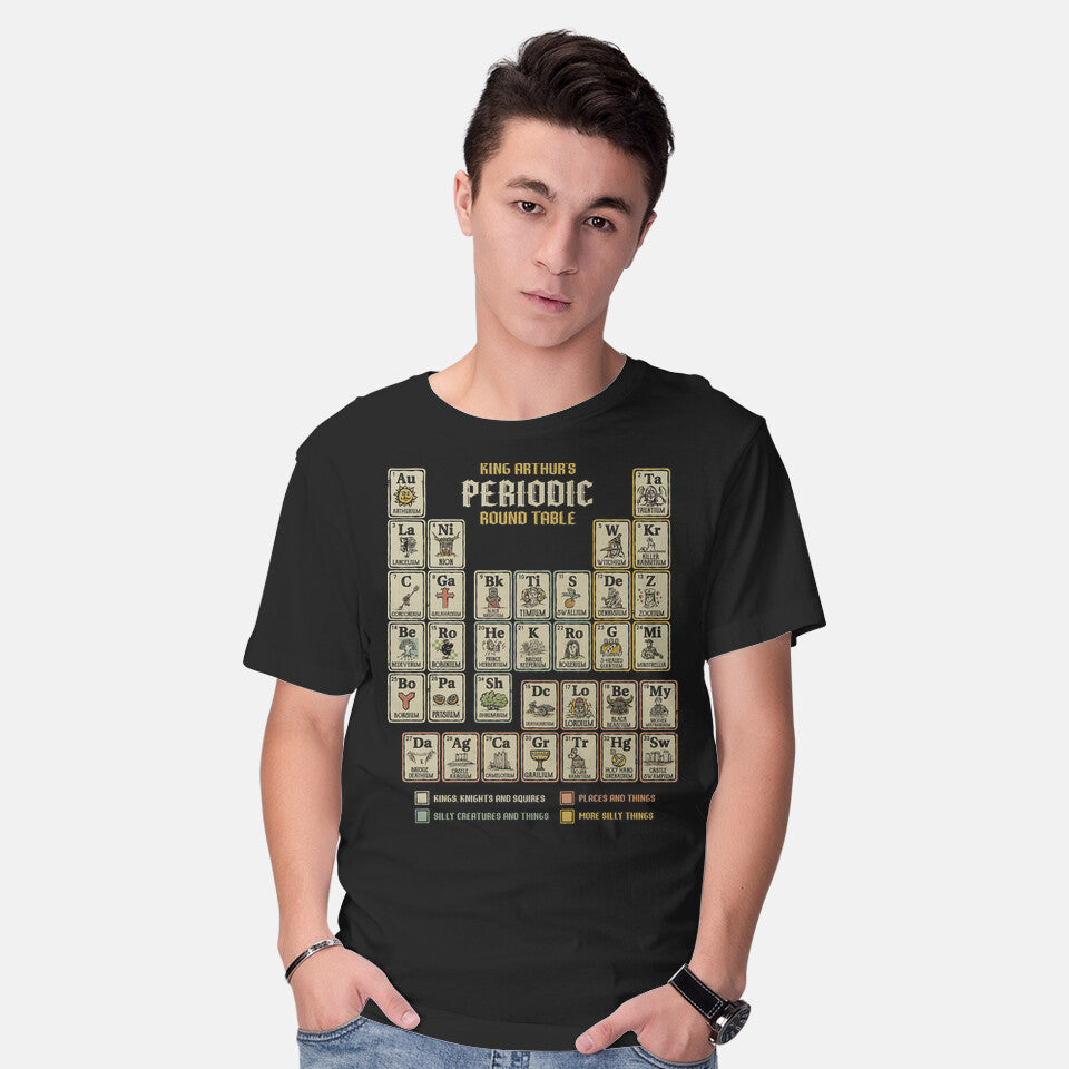 Model wearing black The Periodic Round Table – Movie Graphic T-Shirt