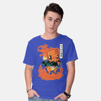 Model wearing royal blue Sun Breathing – Anime Graphic T-Shirt