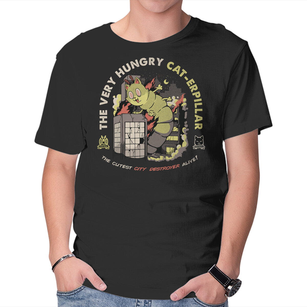 A Very Hungry Cat-erpillar – Cat Graphic T-Shirt in black, product display