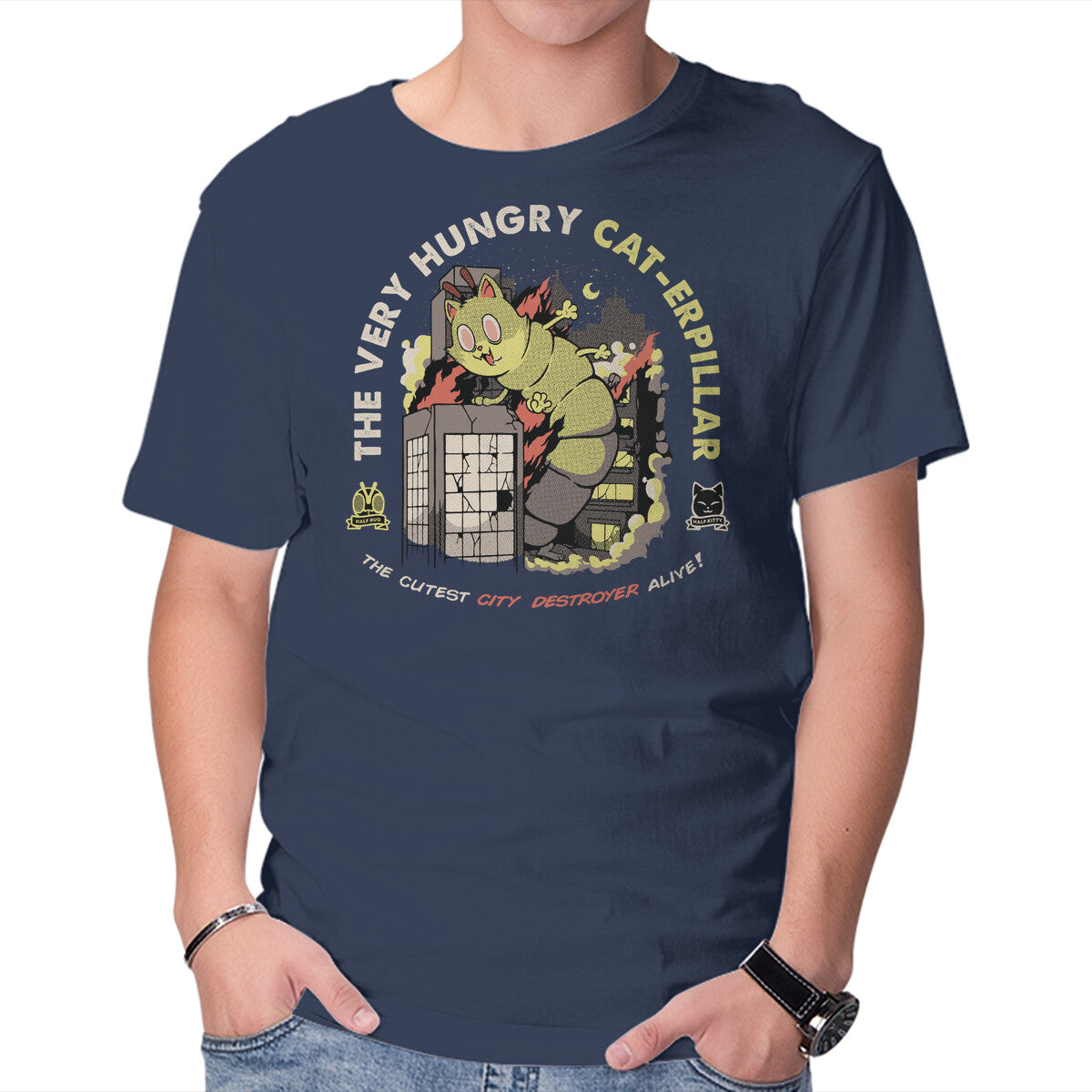 A Very Hungry Cat-erpillar – Cat Graphic T-Shirt in navy, product display