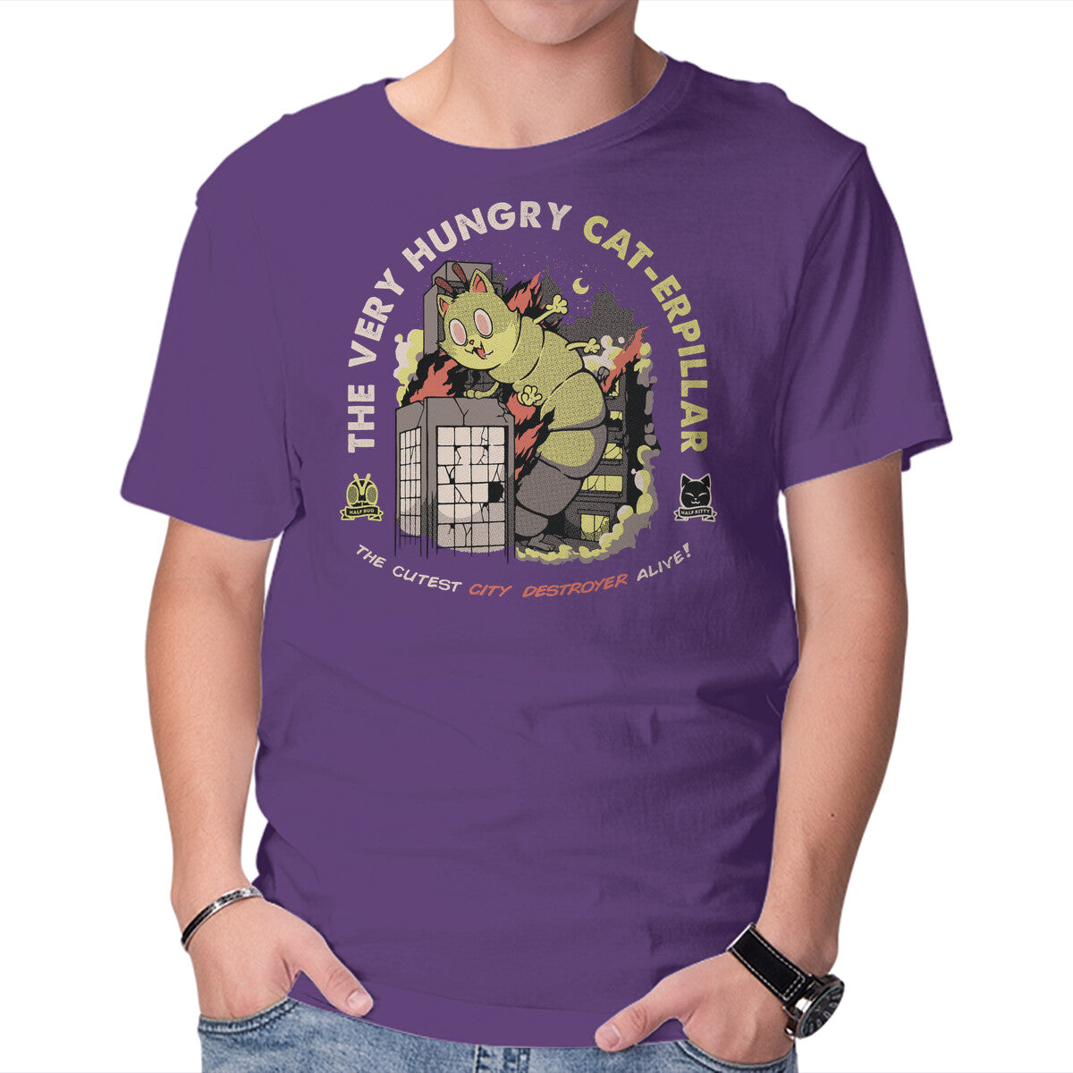 A Very Hungry Cat-erpillar – Cat Graphic T-Shirt in purple, product display
