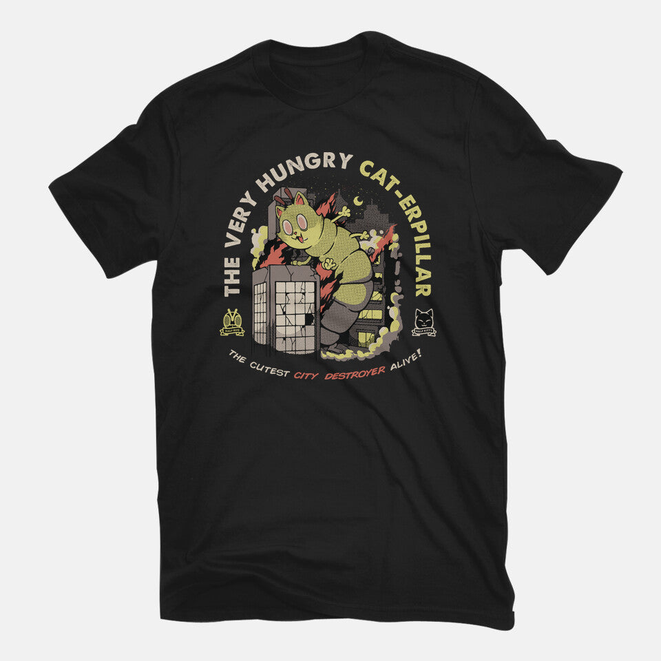 A Very Hungry Cat-erpillar – Cat Graphic T-Shirt in black, flat-lay product view