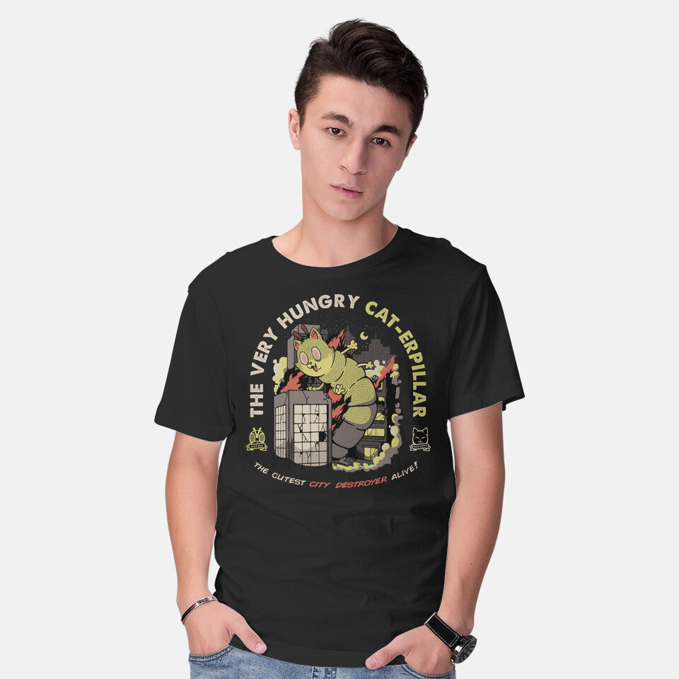 Model wearing black A Very Hungry Cat-erpillar – Cat Graphic T-Shirt