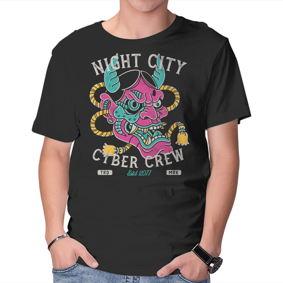 Night City Cyber Crew – Gaming Graphic T-Shirt in black, product display