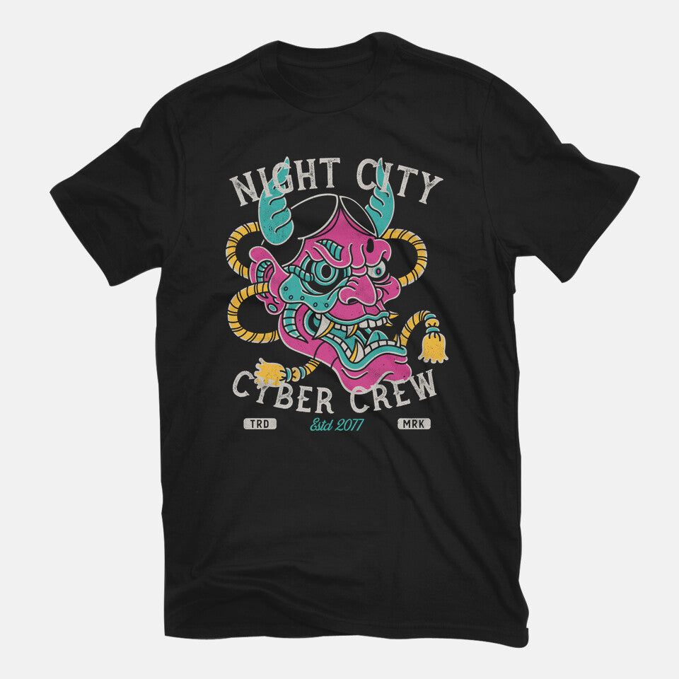 Night City Cyber Crew – Gaming Graphic T-Shirt in black, flat-lay product view
