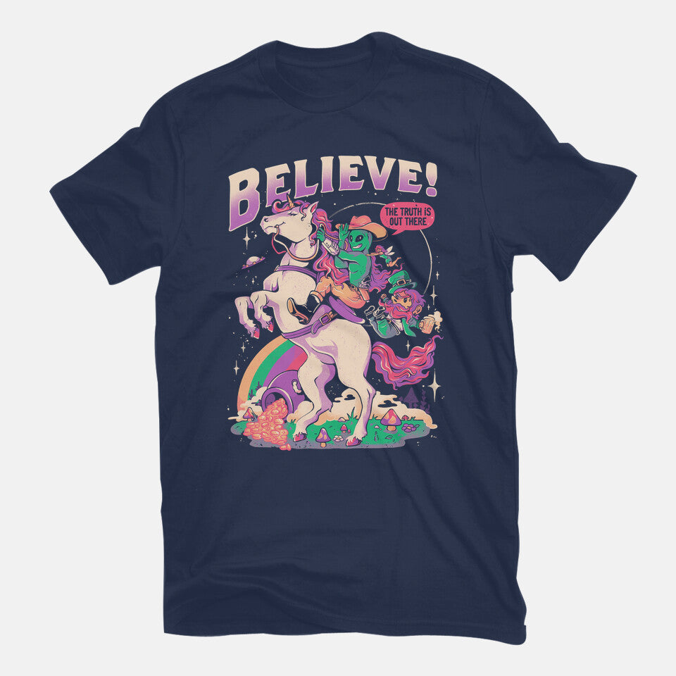 Create Your Reality – Sci-Fi Graphic T-Shirt in navy, flat-lay product view