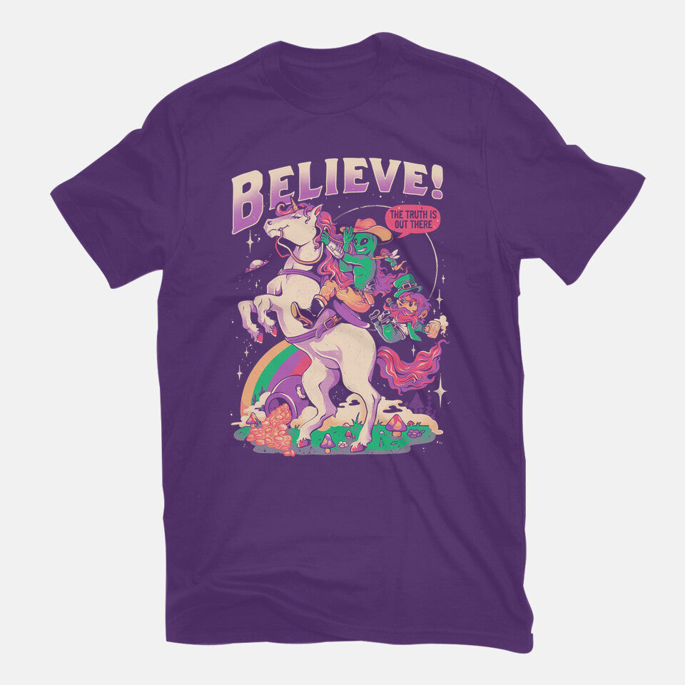 Create Your Reality – Sci-Fi Graphic T-Shirt in purple, flat-lay product view
