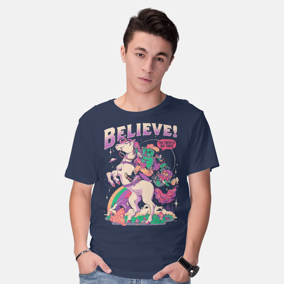 Model wearing navy Create Your Reality – Sci-Fi Graphic T-Shirt