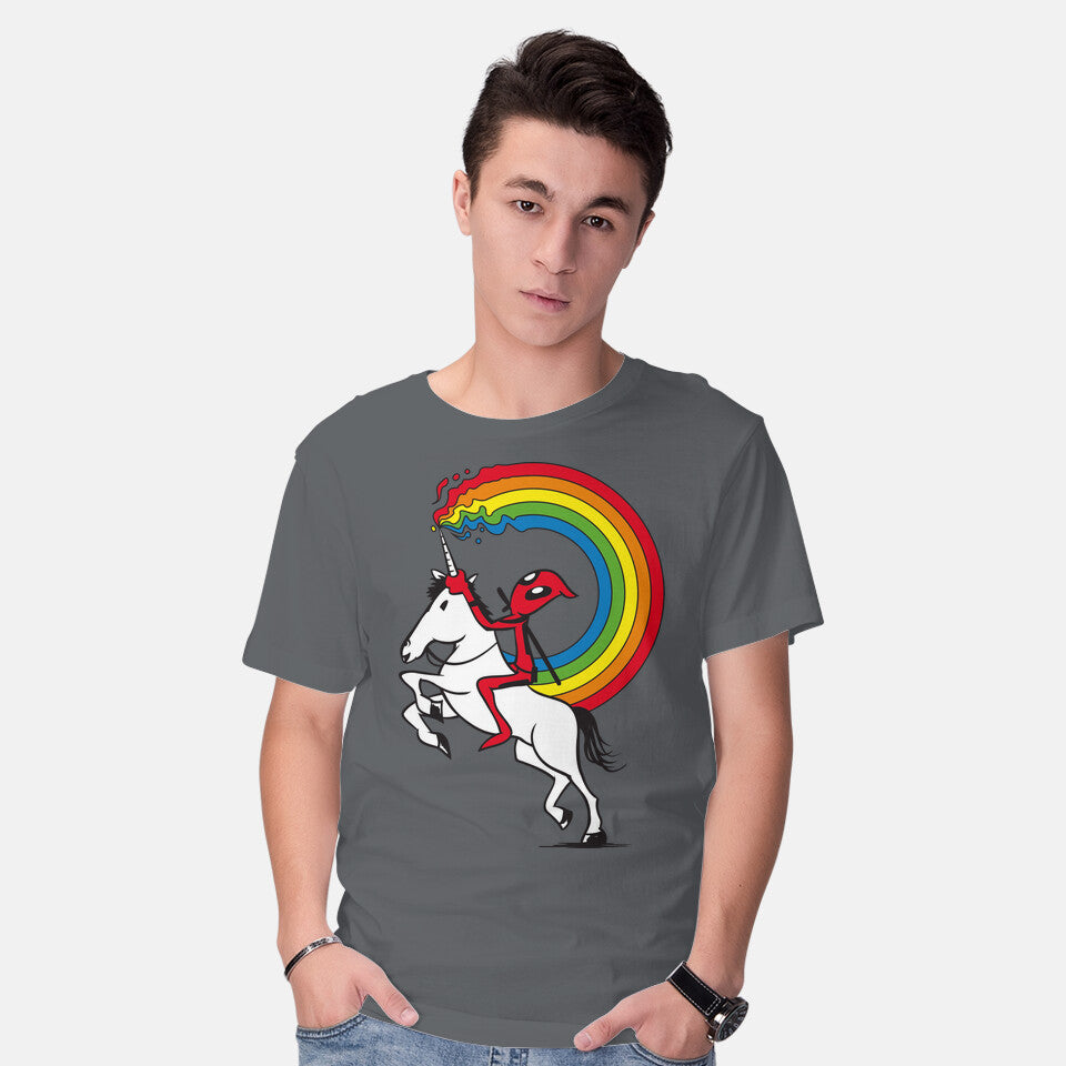 Model wearing charcoal Rainbowgasm – Movie Graphic T-Shirt