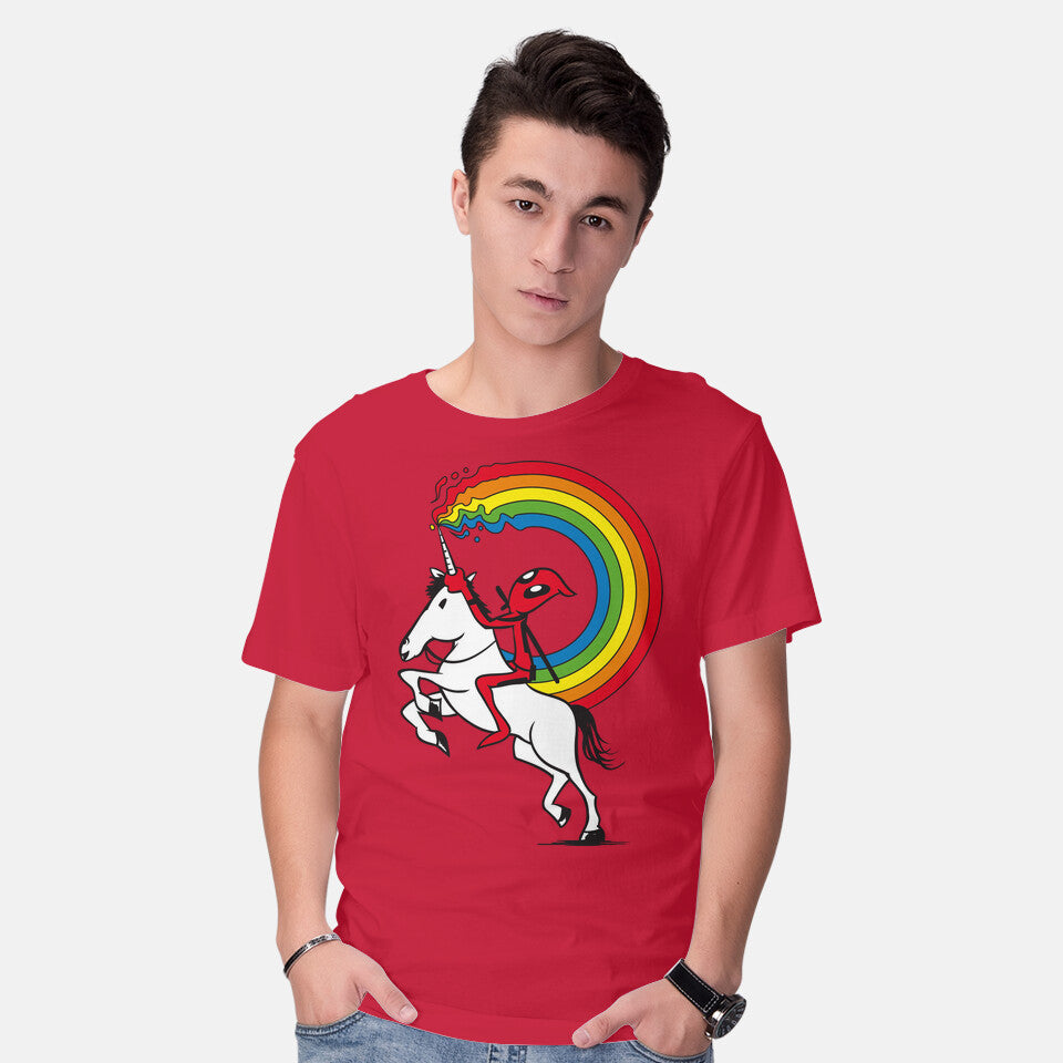 Model wearing red Rainbowgasm – Movie Graphic T-Shirt