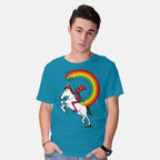 Model wearing turquoise Rainbowgasm – Movie Graphic T-Shirt