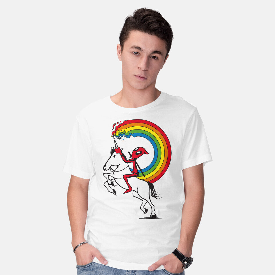Model wearing white Rainbowgasm – Movie Graphic T-Shirt