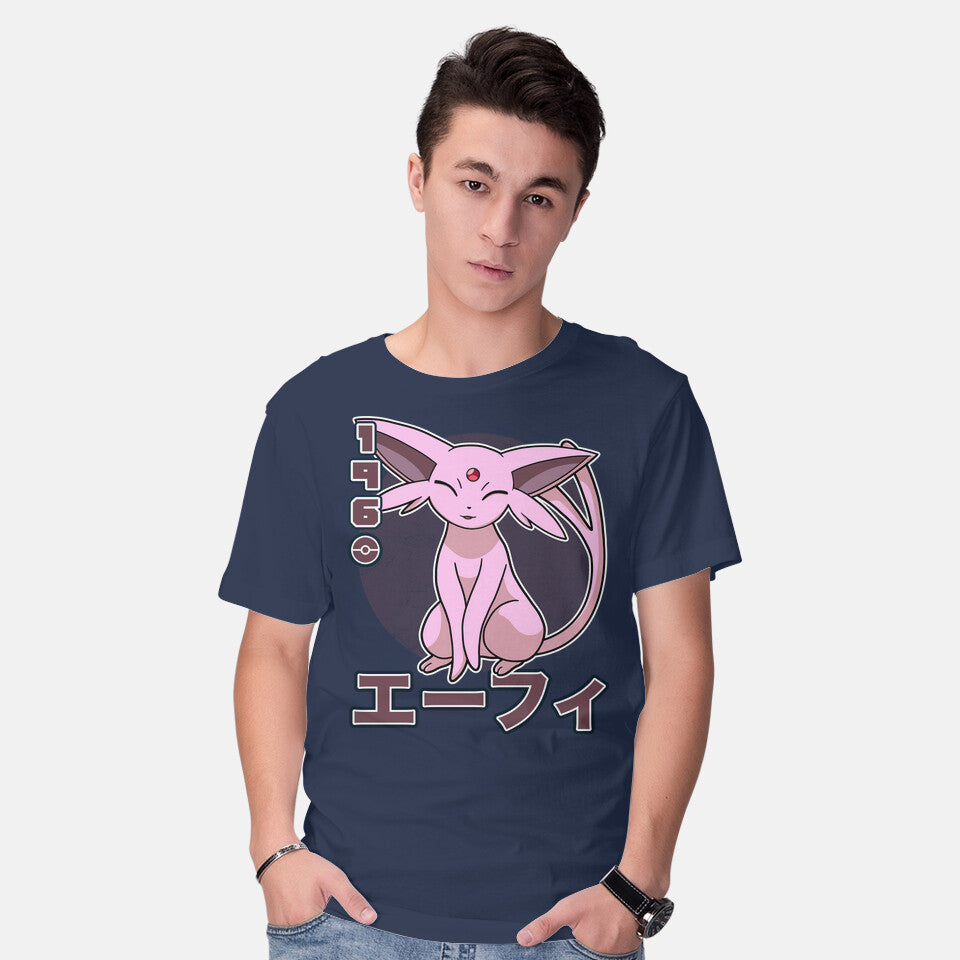 Model wearing navy Espa Dog – Anime Graphic T-Shirt