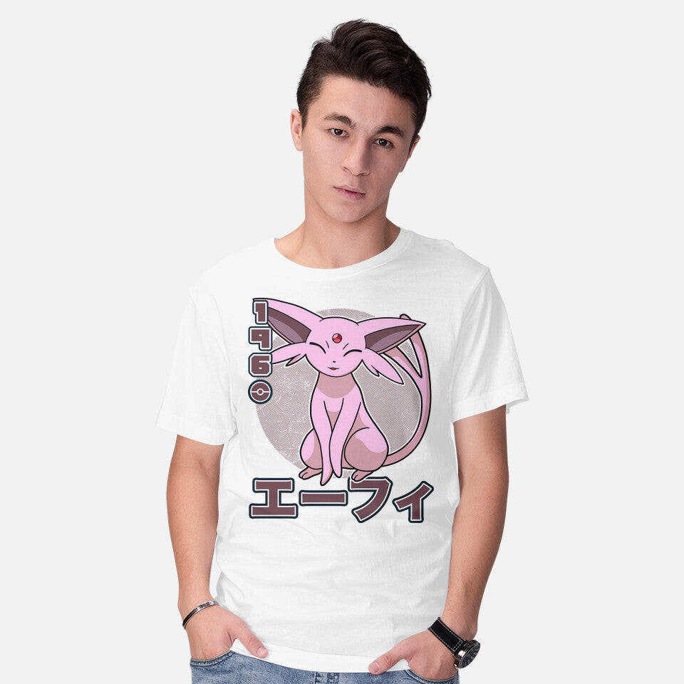 Model wearing white Espa Dog – Anime Graphic T-Shirt