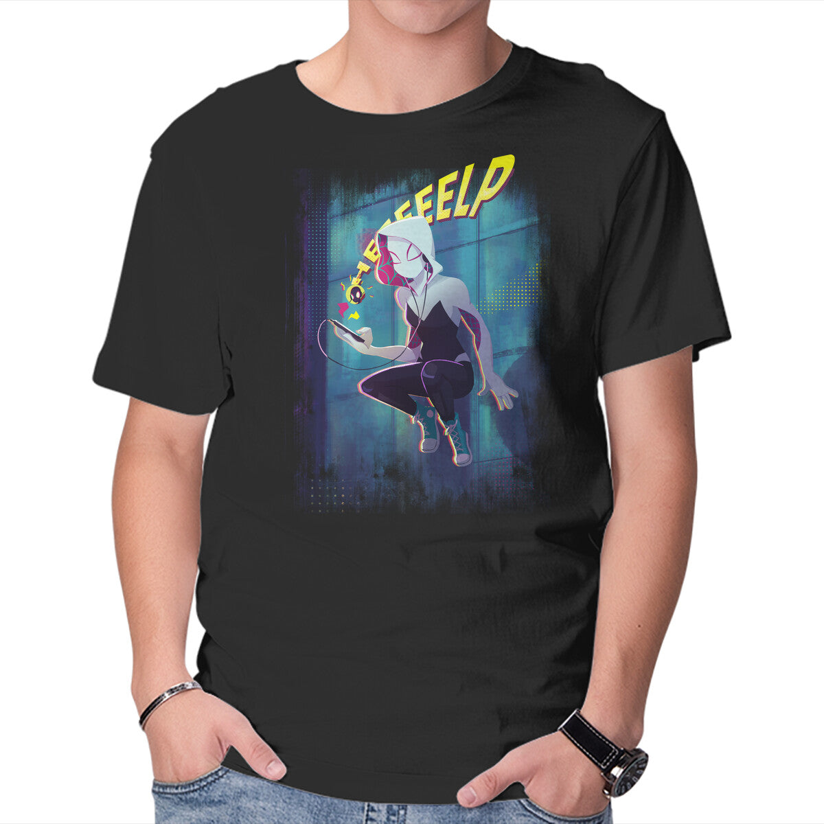Spider Gwen Help Graphic T-Shirt in black, product display