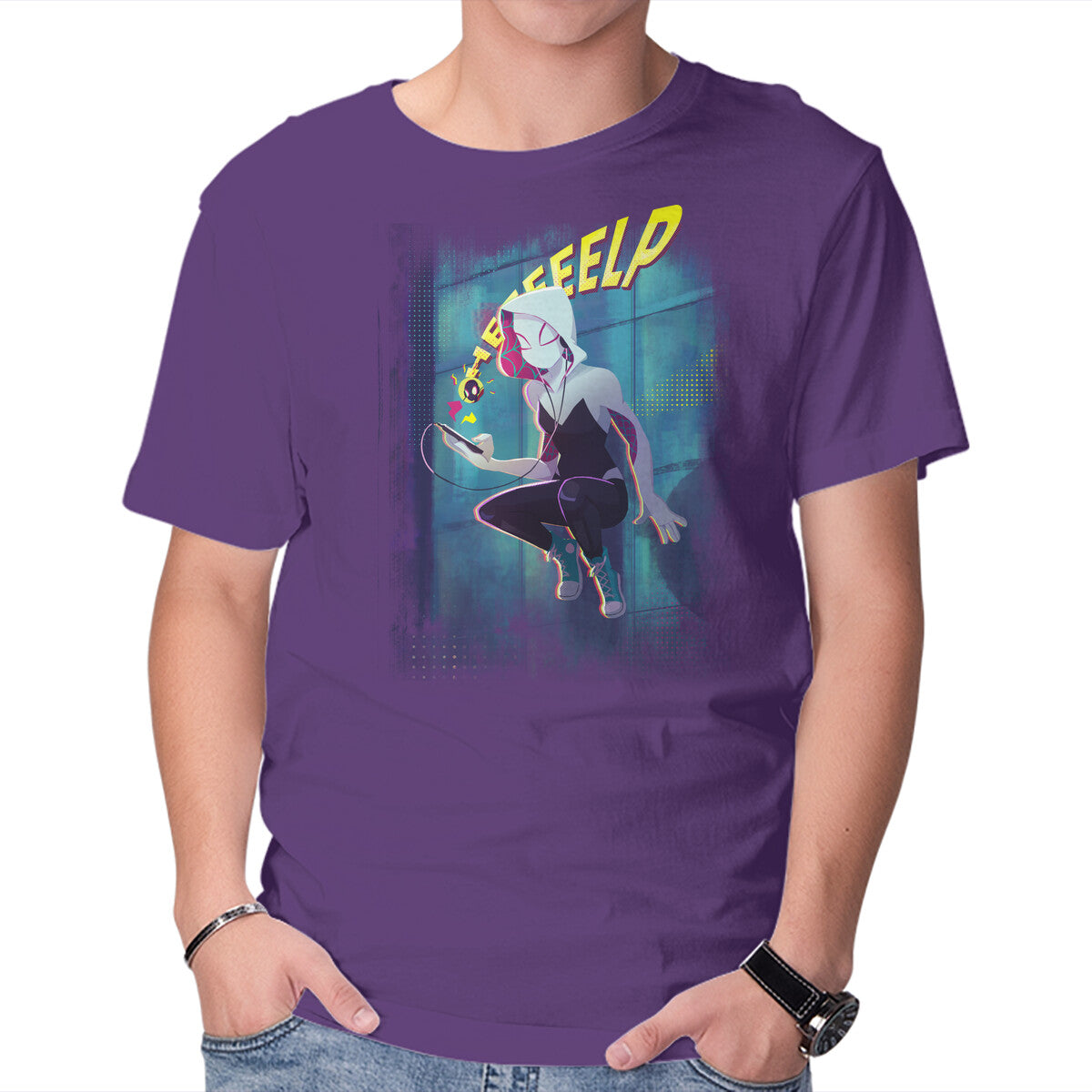 Spider Gwen Help Graphic T-Shirt in purple, product display