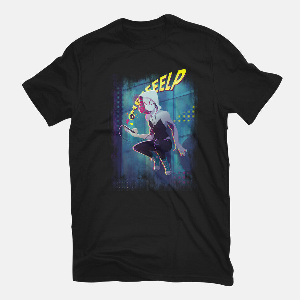 Spider Gwen Help Graphic T-Shirt in black, flat-lay product view