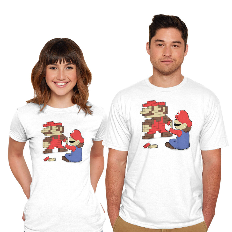 Model wearing white Nostalgic Gamer – Gaming Graphic T-Shirt