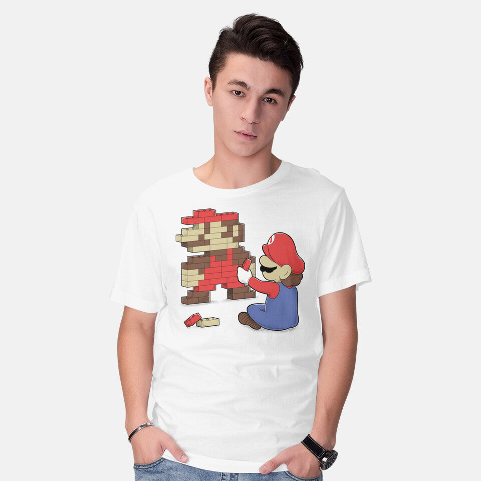 Model wearing white Nostalgic Gamer – Gaming Graphic T-Shirt