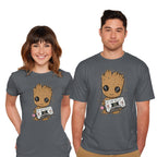Model wearing charcoal Cute We Are Groot – Sci-Fi Graphic T-Shirt
