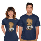Model wearing navy Cute We Are Groot – Sci-Fi Graphic T-Shirt