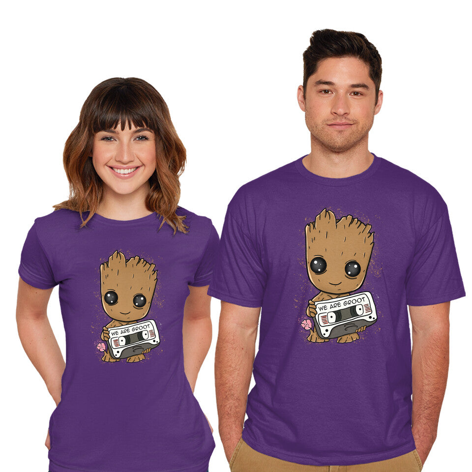 Model wearing purple Cute We Are Groot – Sci-Fi Graphic T-Shirt
