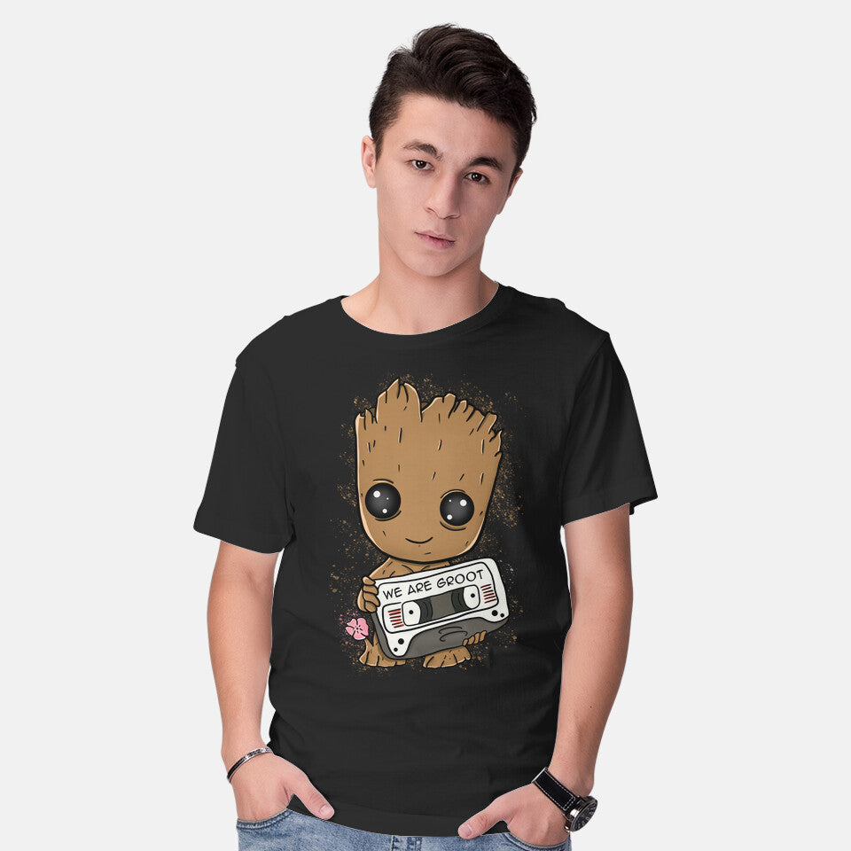 Model wearing black Cute We Are Groot – Sci-Fi Graphic T-Shirt