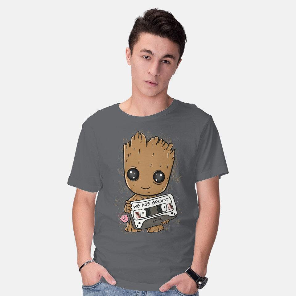 Model wearing charcoal Cute We Are Groot – Sci-Fi Graphic T-Shirt