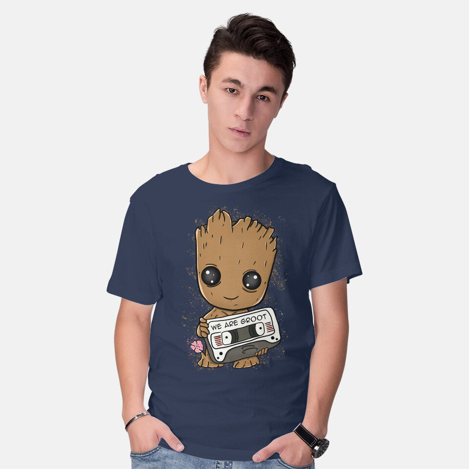 Model wearing navy Cute We Are Groot – Sci-Fi Graphic T-Shirt