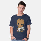 Model wearing navy Cute We Are Groot – Sci-Fi Graphic T-Shirt