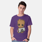 Model wearing purple Cute We Are Groot – Sci-Fi Graphic T-Shirt