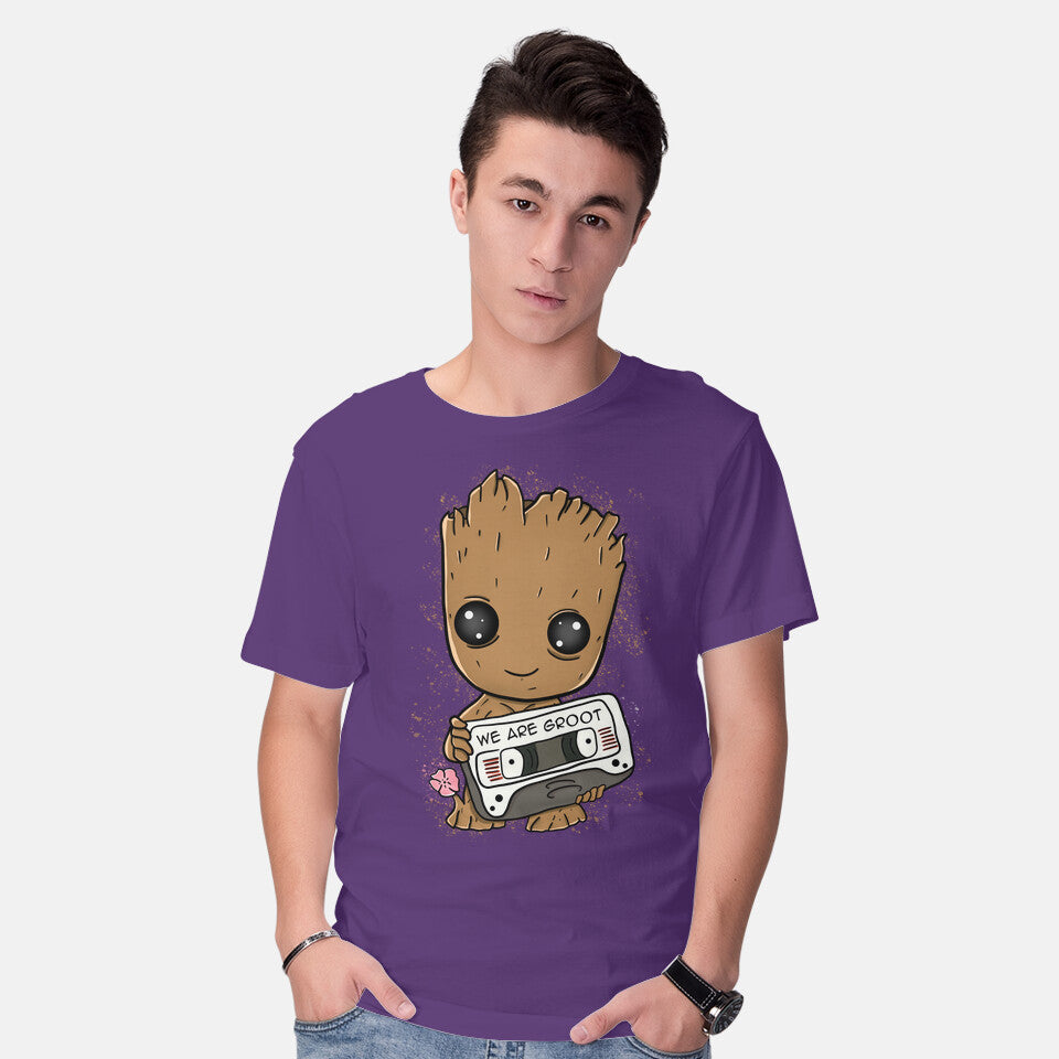 Model wearing purple Cute We Are Groot – Sci-Fi Graphic T-Shirt