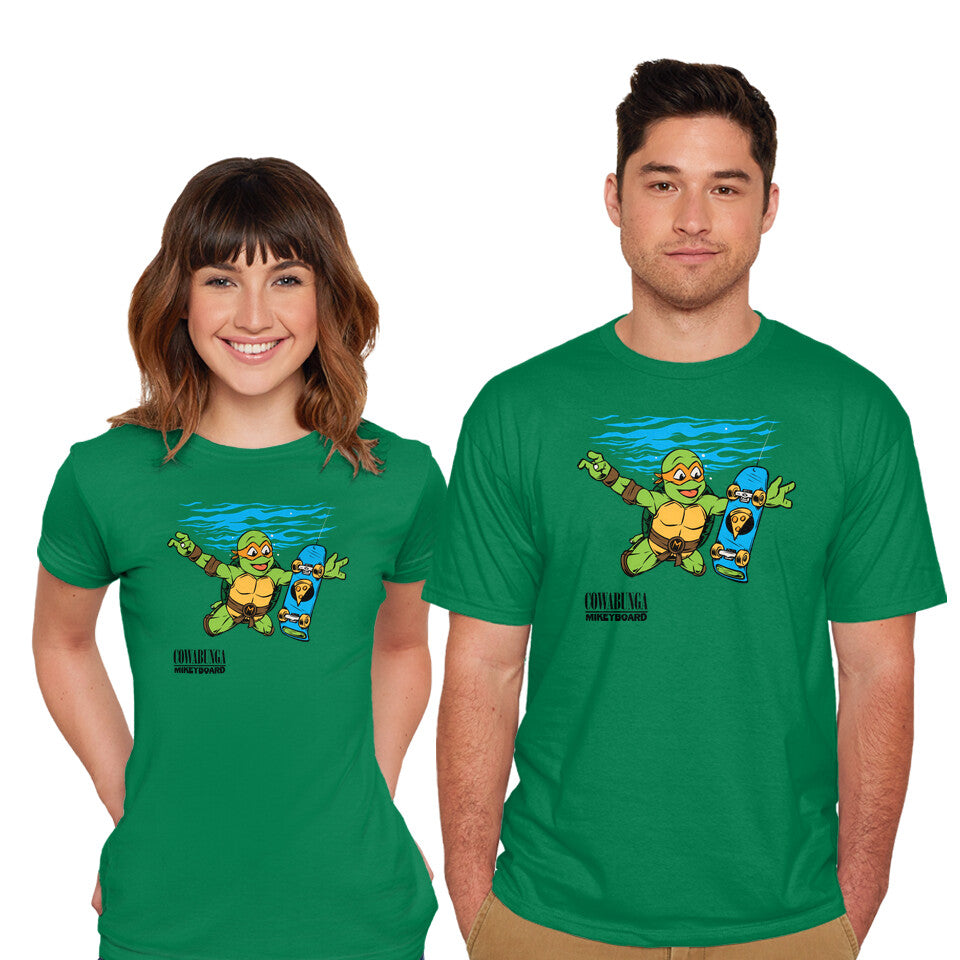 Model wearing green Neverboard – Music Graphic T-Shirt