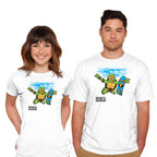 Model wearing white Neverboard – Music Graphic T-Shirt