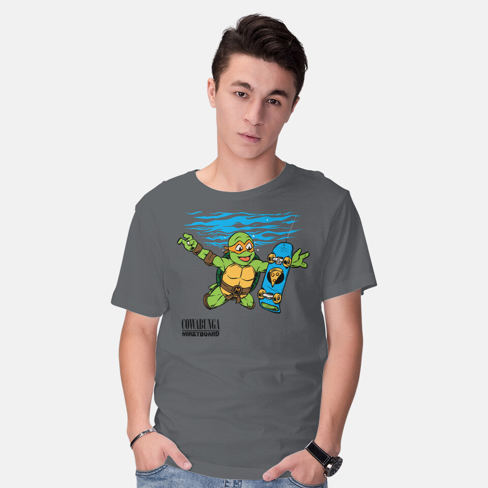 Model wearing charcoal Neverboard – Music Graphic T-Shirt