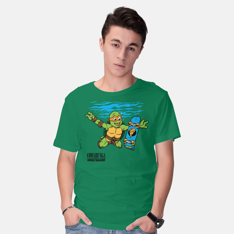 Model wearing green Neverboard – Music Graphic T-Shirt