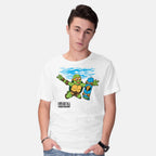 Model wearing white Neverboard – Music Graphic T-Shirt