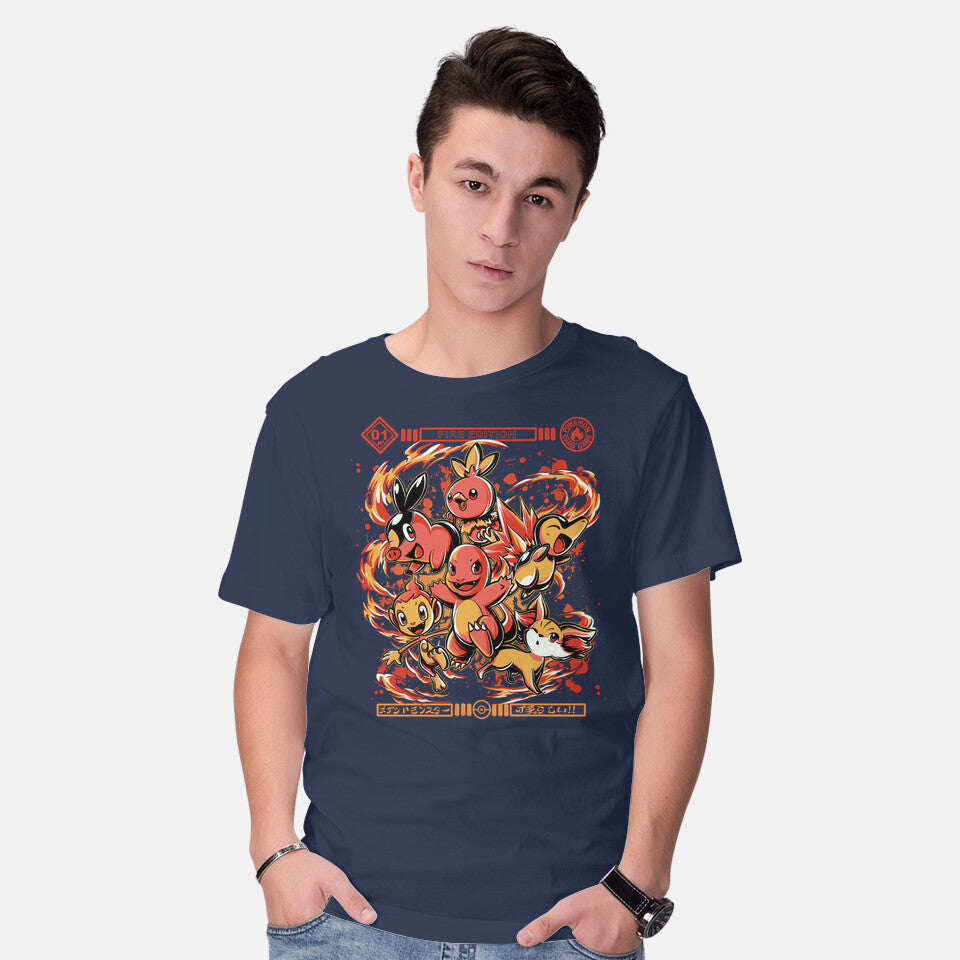Model wearing navy Fire Starters – Anime Graphic T-Shirt