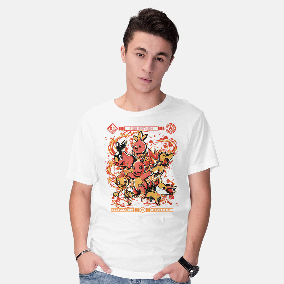 Model wearing white Fire Starters – Anime Graphic T-Shirt