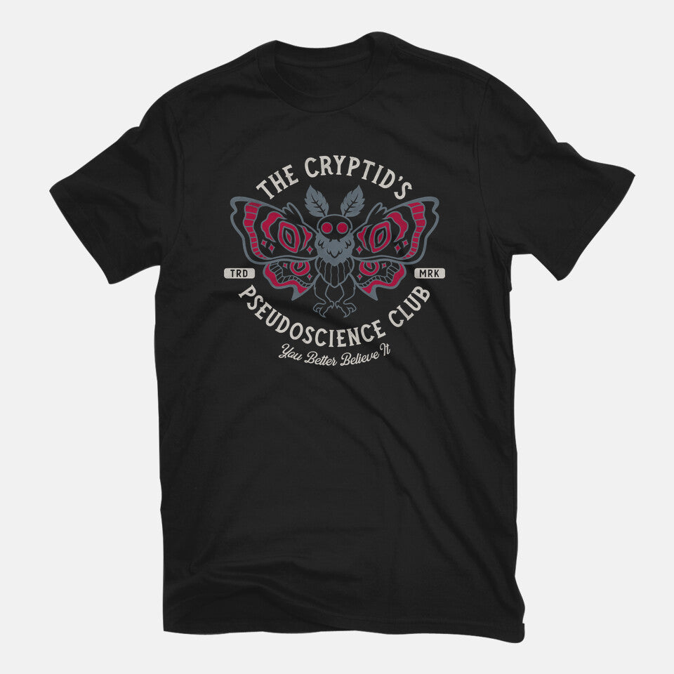 The Cryptid's Pseudoscience Club – Animal Graphic T-Shirt in black, flat-lay product view
