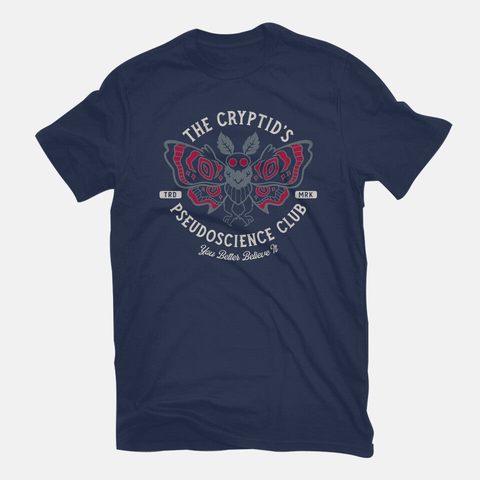 The Cryptid's Pseudoscience Club – Animal Graphic T-Shirt in navy, flat-lay product view