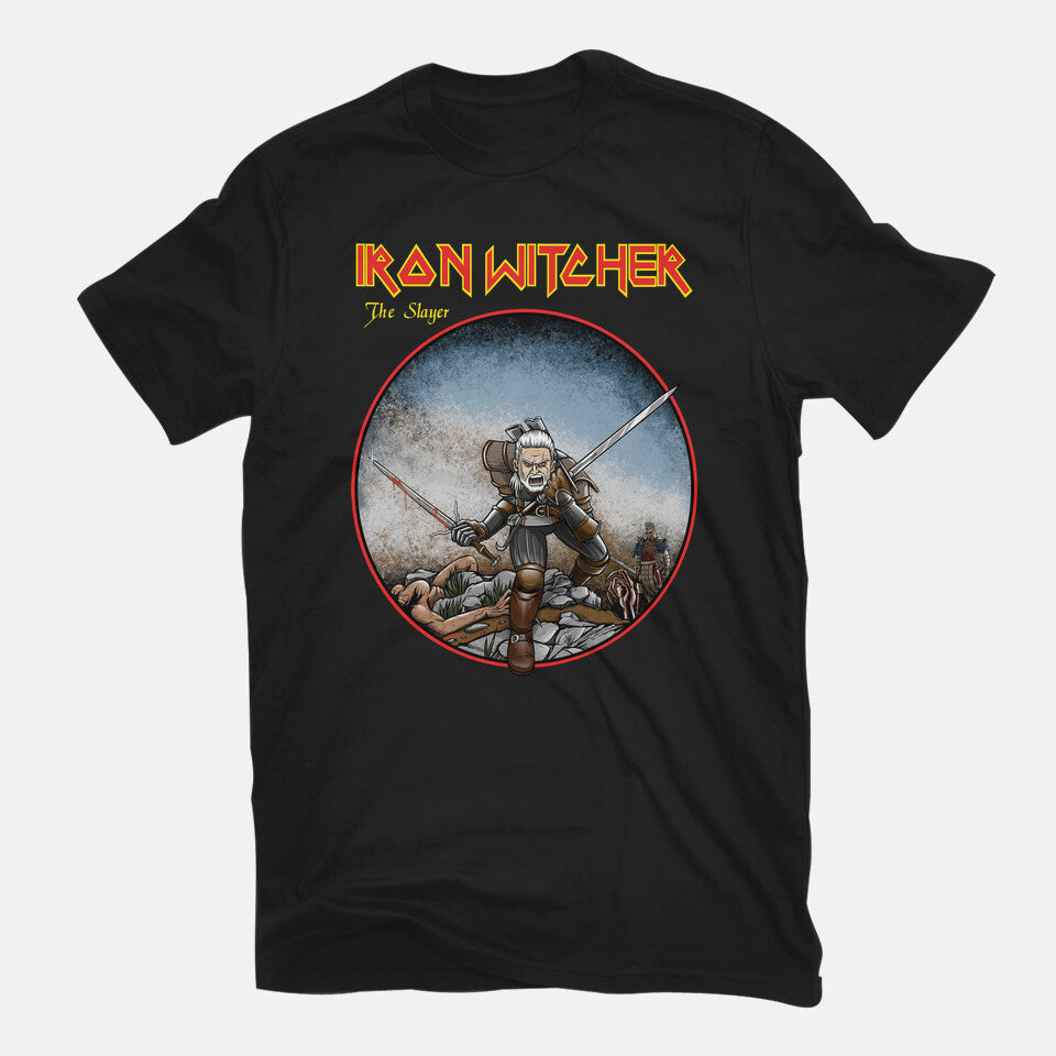 Iron Witcher – Gaming Graphic T-Shirt in black, flat-lay product view