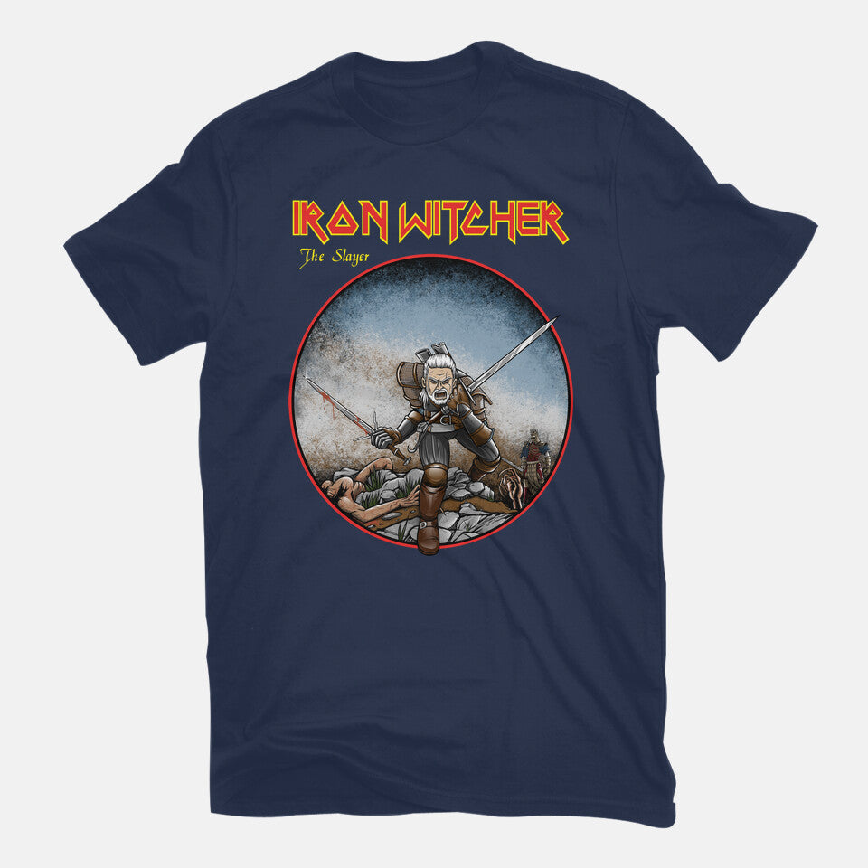 Iron Witcher – Gaming Graphic T-Shirt in navy, flat-lay product view