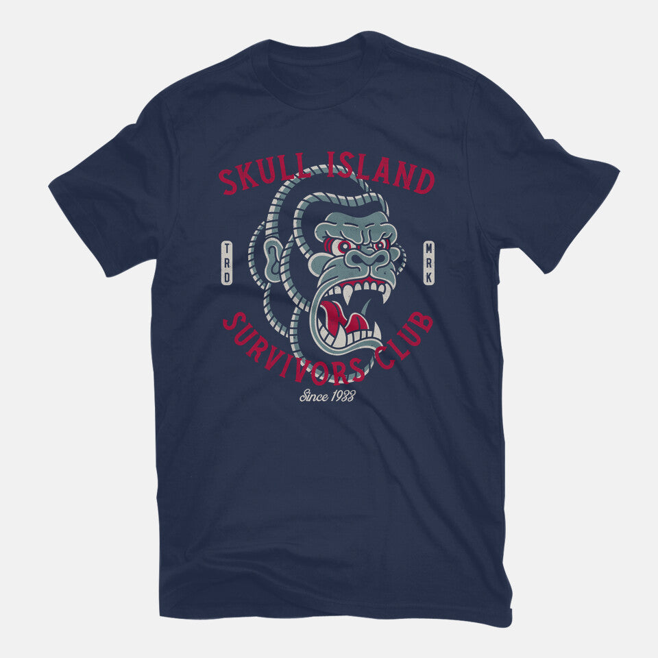 Skull Island Survivors Club – Movie Graphic T-Shirt in navy, flat-lay product view